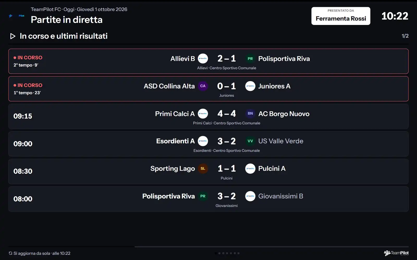 Lo schermo del bar di una società di calcio con i risultati delle partite in diretta e lo sponsor che le presenta