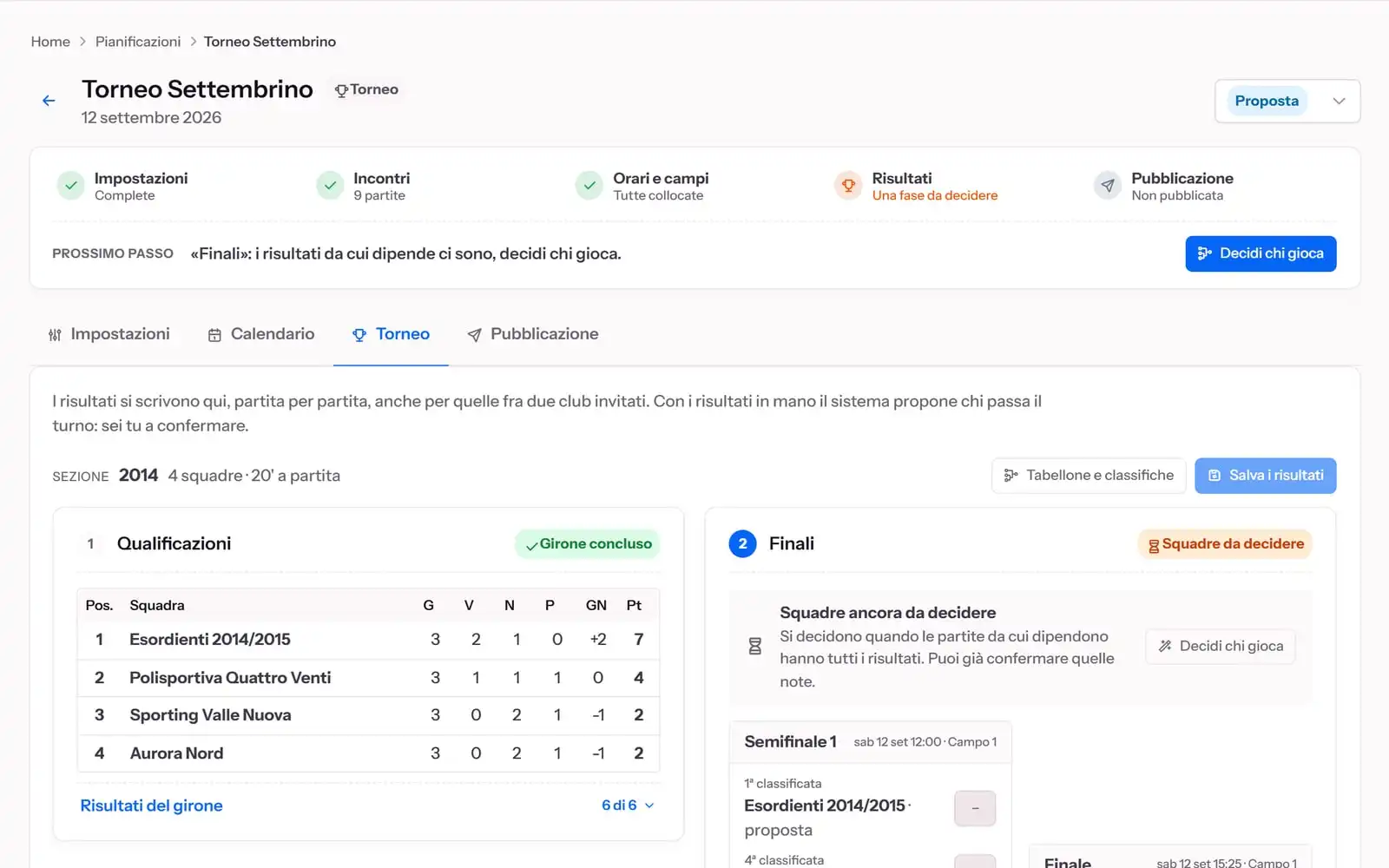 Il calendario di un torneo di calcio organizzato con TeamPilot
