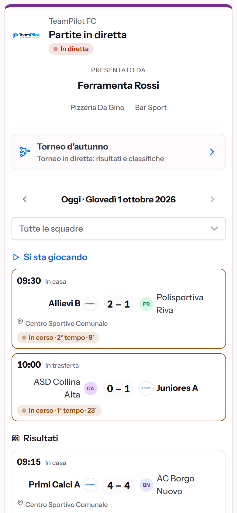 La pagina dei risultati in diretta di una società di calcio vista dal telefono