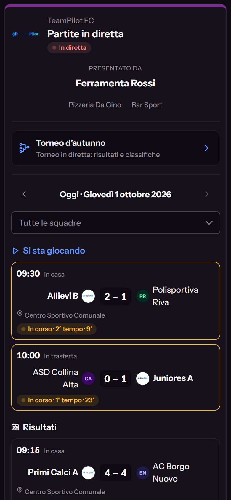 La pagina dei risultati in diretta di una società di calcio vista dal telefono